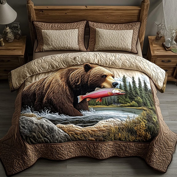 Rustic Bear quilted 3-piece bedding set on a made bed in a farmhouse bedroom