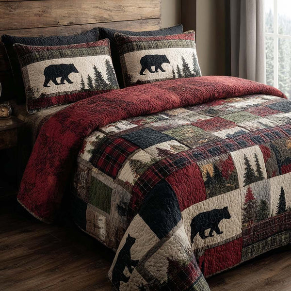 Rustic Bear quilted 3-piece bedding set on a made bed in a farmhouse bedroom