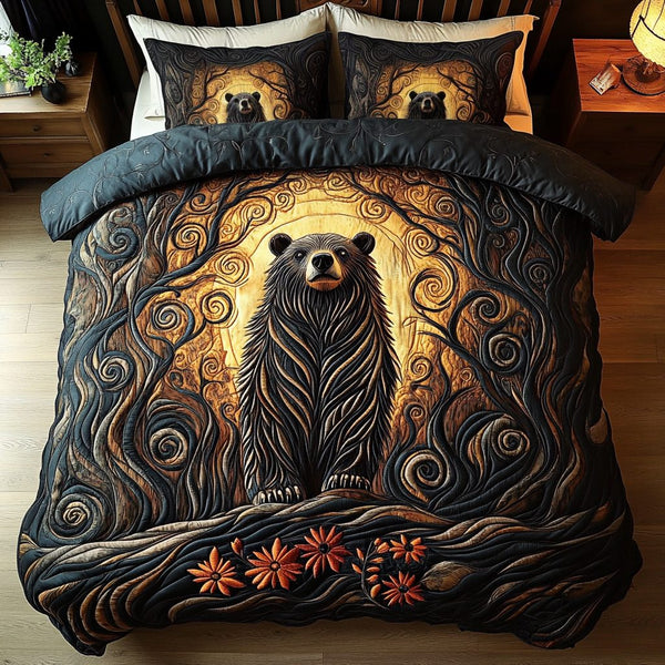 Rustic Bear quilted 3-piece bedding set on a made bed in a farmhouse bedroom