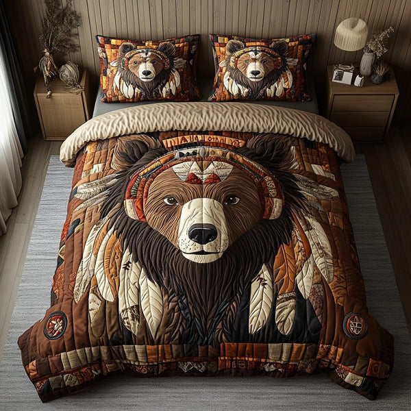 Rustic Bear quilted 3-piece bedding set on a made bed in a farmhouse bedroom