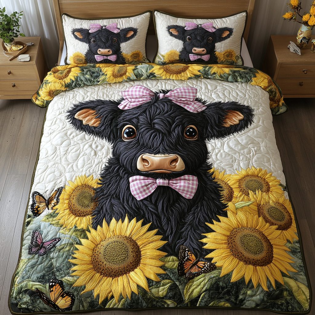 Rustic Beauty quilted 3-piece bedding set on a made bed in a farmhouse bedroom