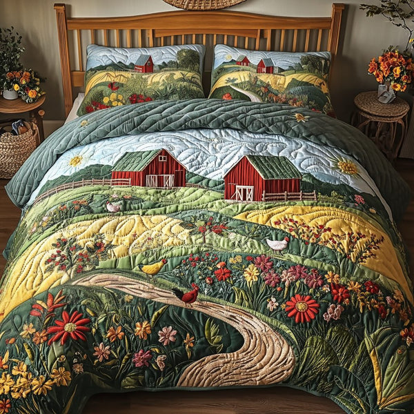 Rustic Beauty quilted 3-piece bedding set on a made bed in a farmhouse bedroom