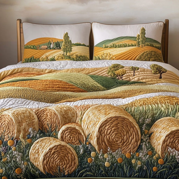 Rustic Beauty quilted 3-piece bedding set on a made bed in a farmhouse bedroom