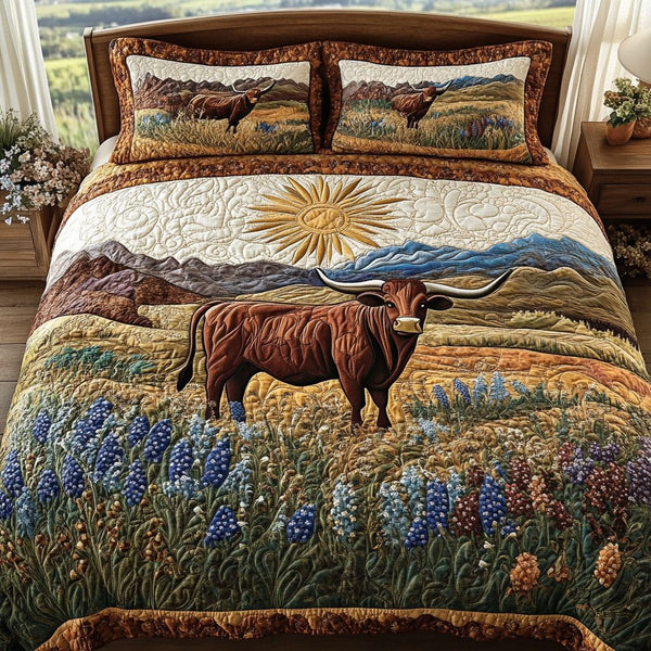 Rustic Beauty quilted 3-piece bedding set on a made bed in a farmhouse bedroom