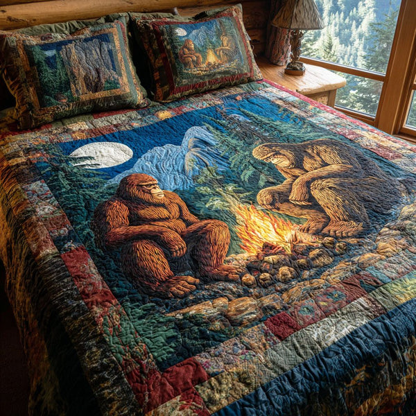 Rustic Bigfoot quilted 3-piece bedding set on a made bed in a farmhouse bedroom