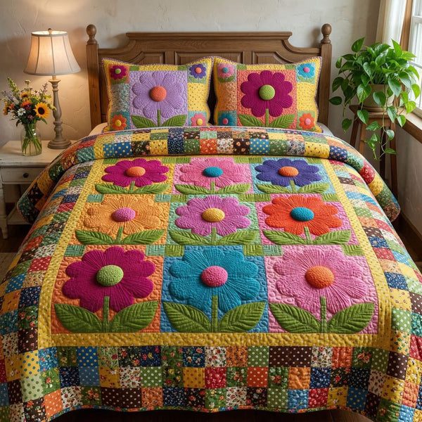 Rustic Bloom Garden quilted 3-piece bedding set on a made bed in a farmhouse bedroom