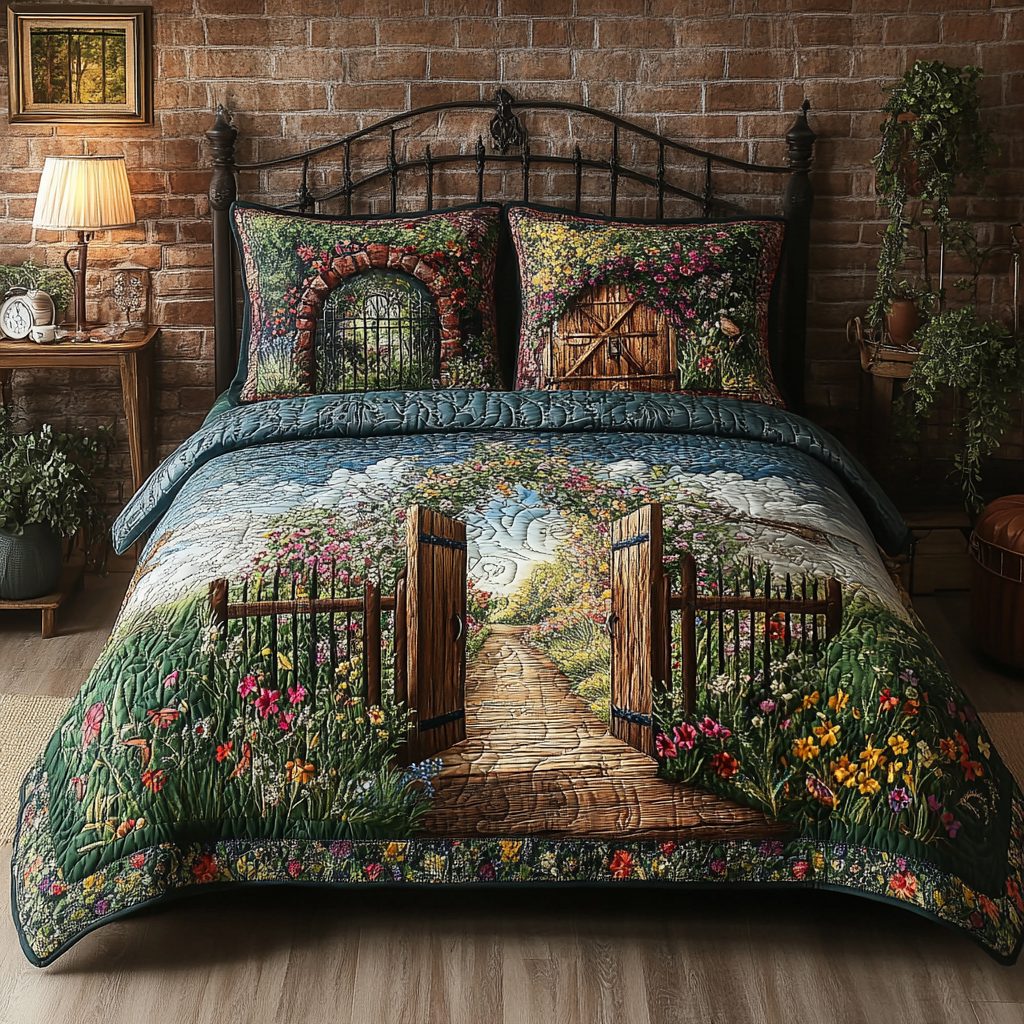 Rustic Bloom Gate quilted 3-piece bedding set on a made bed in a farmhouse bedroom