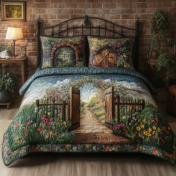 Rustic Bloom Gate quilted 3-piece bedding set on a made bed in a farmhouse bedroom
