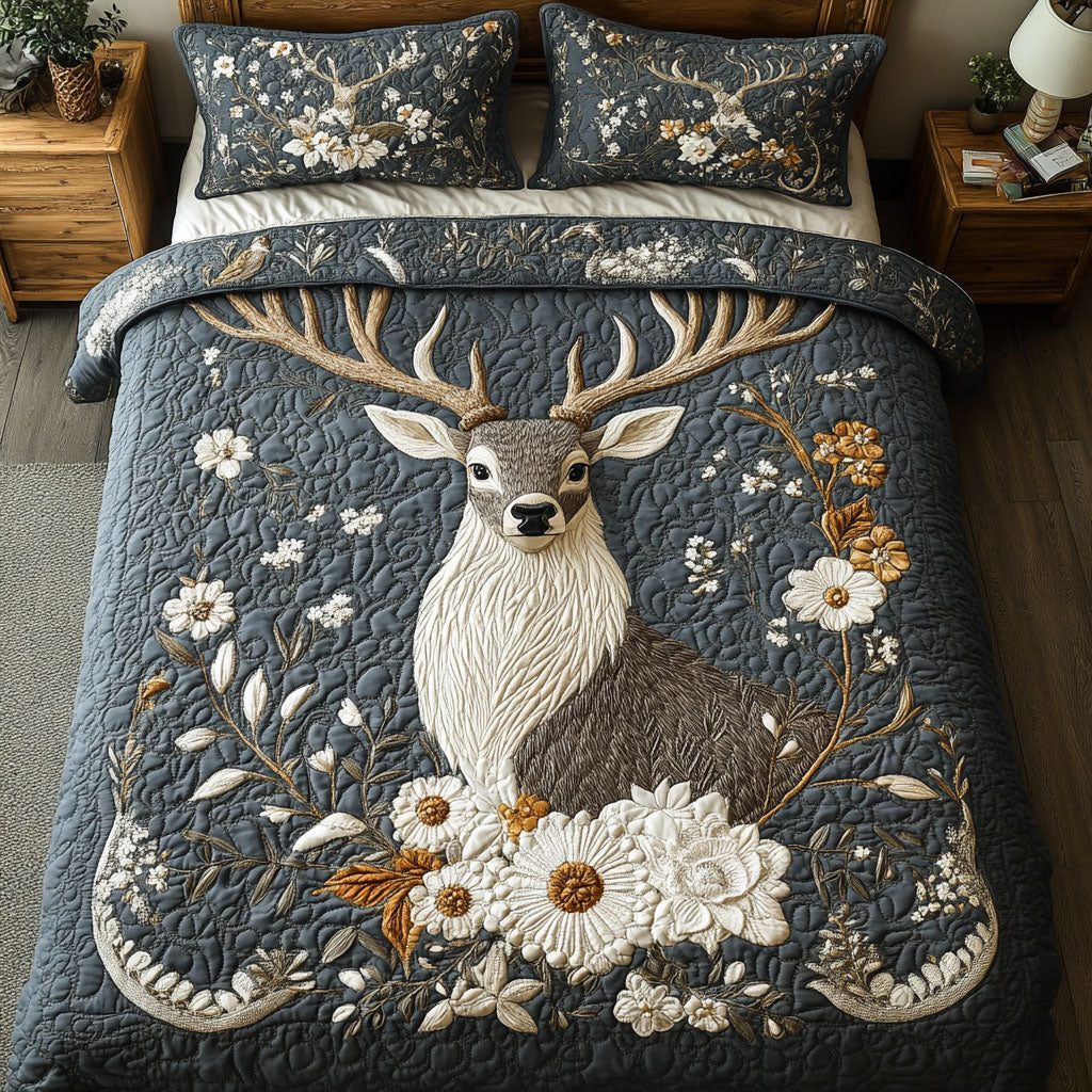 Rustic Bloom Haven quilted 3-piece bedding set on a made bed in a farmhouse bedroom
