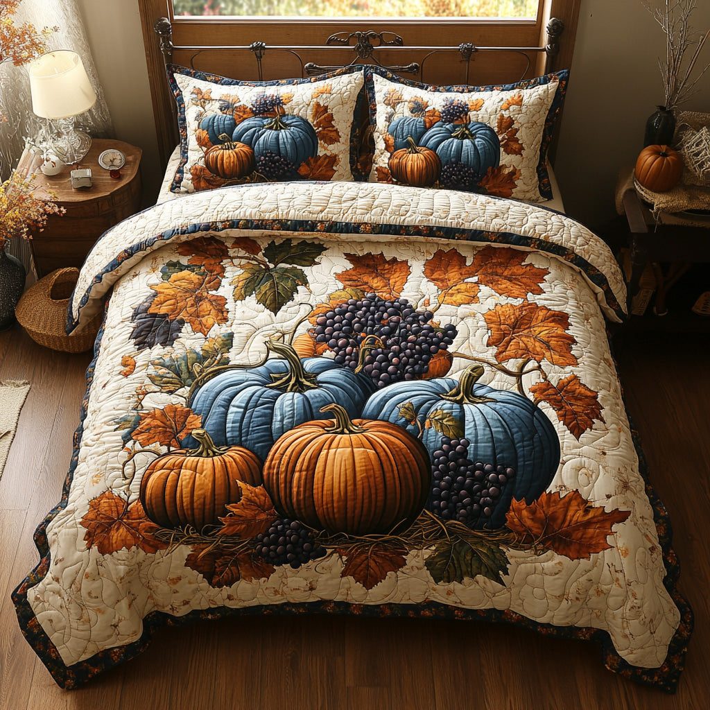 Rustic Bloom quilted 3-piece bedding set on a made bed in a farmhouse bedroom