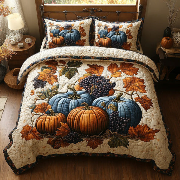 Rustic Bloom quilted 3-piece bedding set on a made bed in a farmhouse bedroom