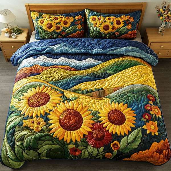 Rustic Bloom quilted 3-piece bedding set on a made bed in a farmhouse bedroom