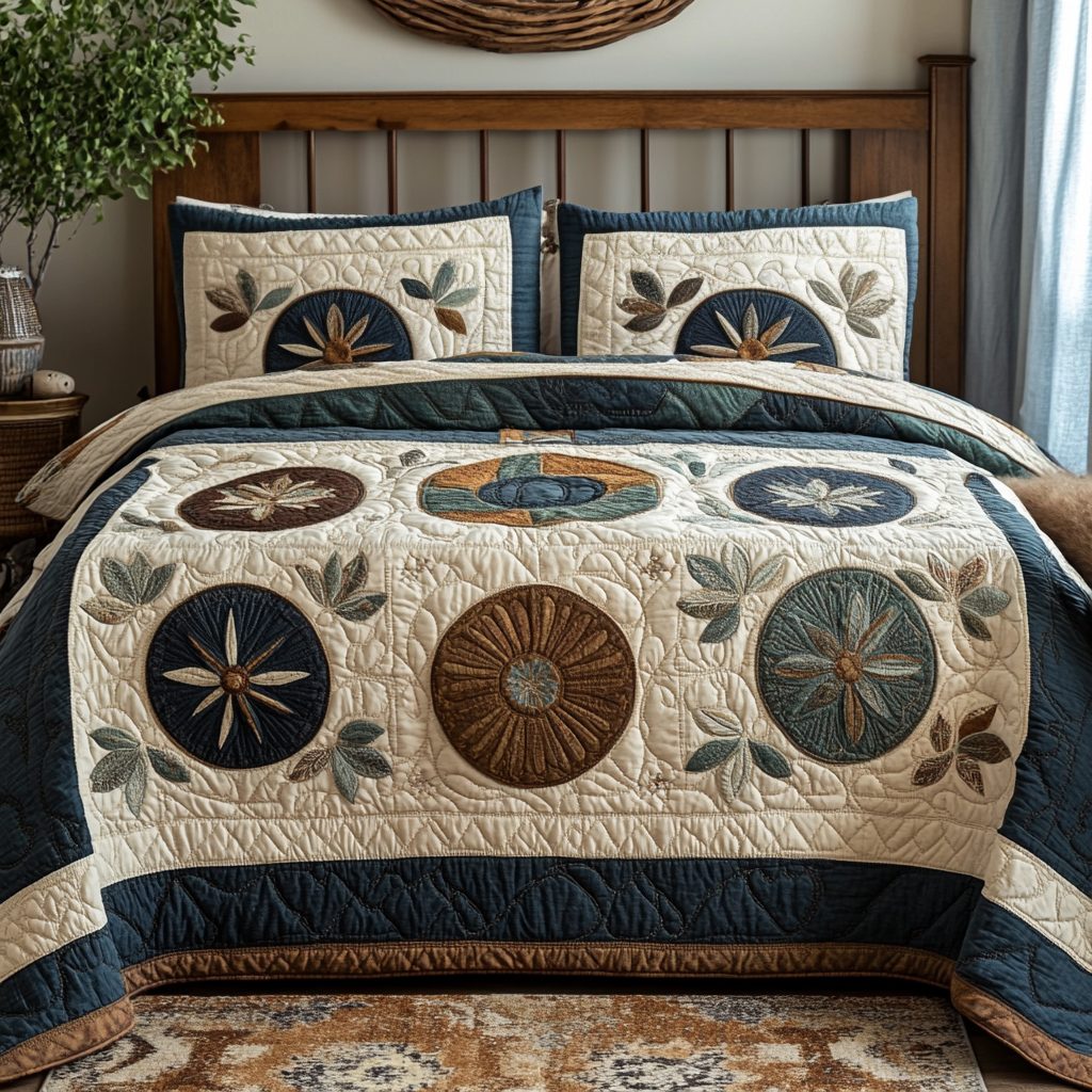 Rustic Bloom quilted 3-piece bedding set on a made bed in a farmhouse bedroom