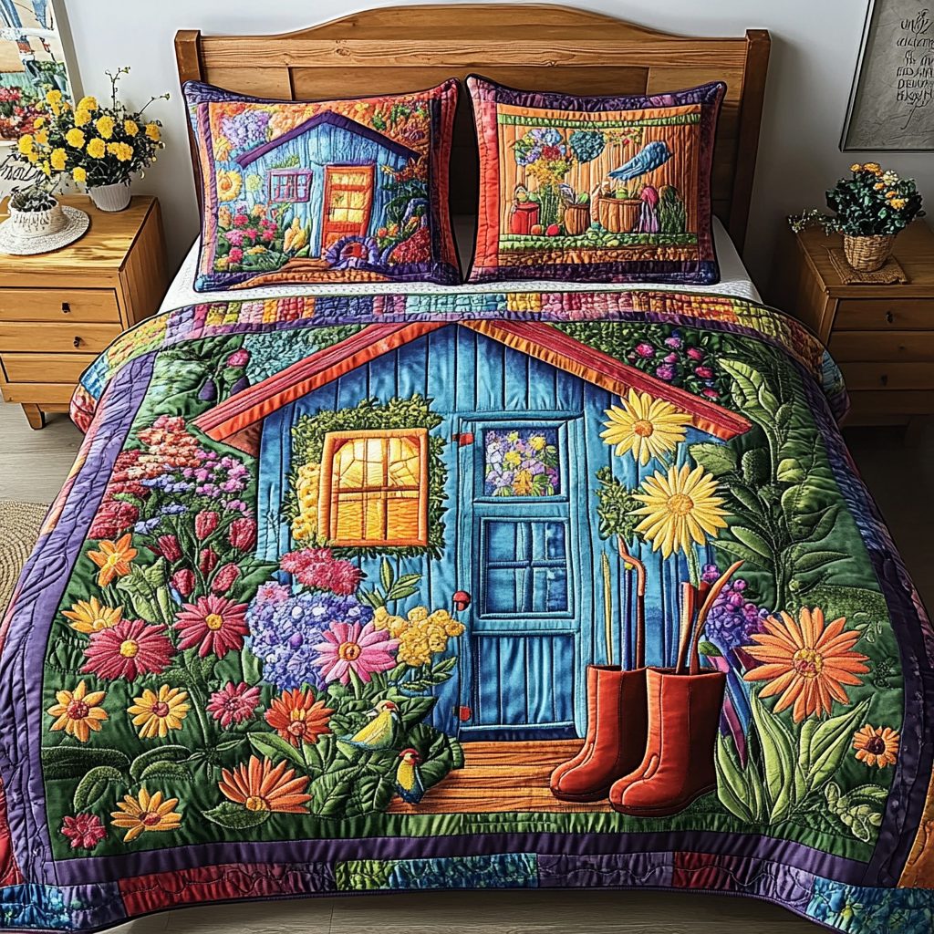 Rustic Bloom quilted 3-piece bedding set on a made bed in a farmhouse bedroom