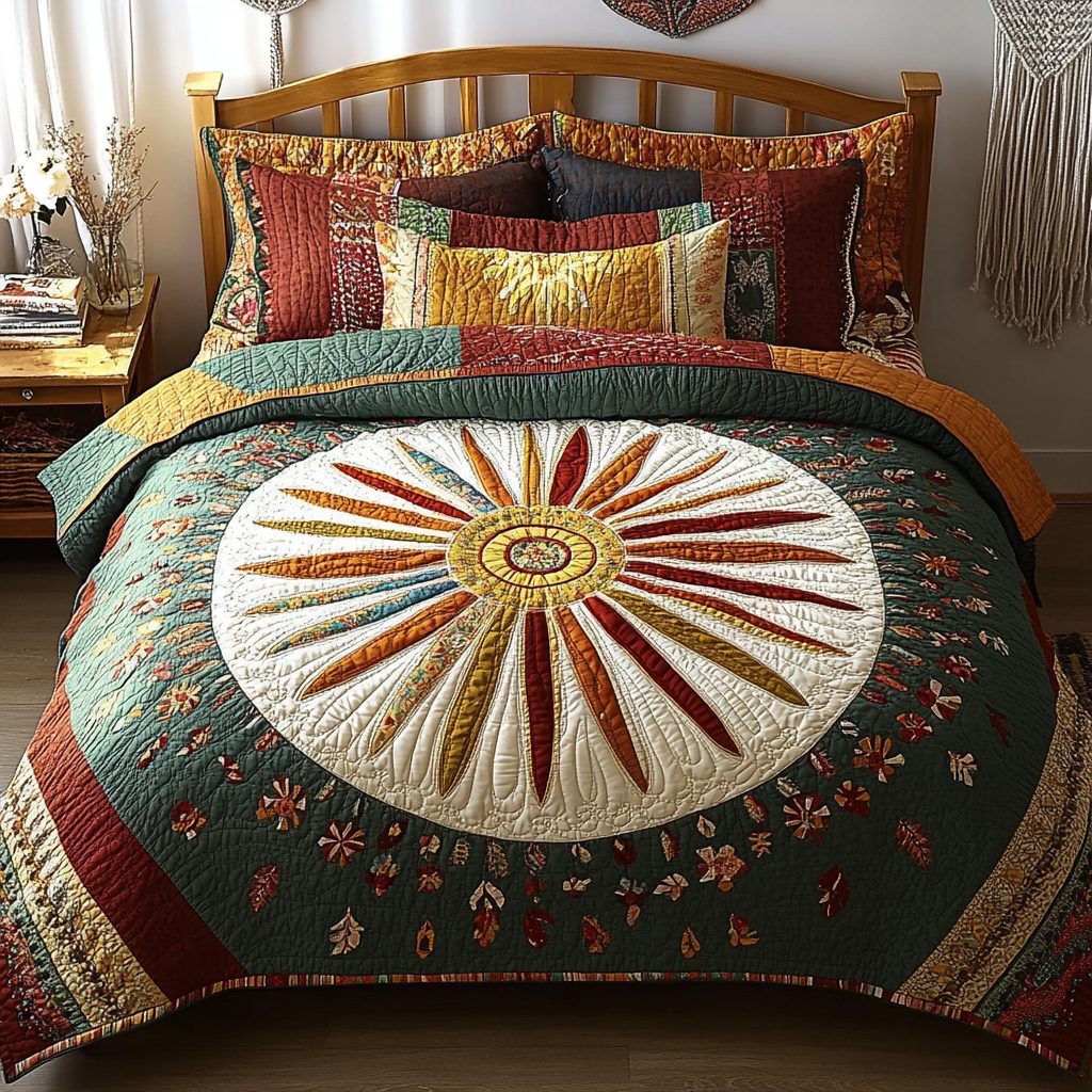 Rustic Bloom quilted 3-piece bedding set on a made bed in a farmhouse bedroom