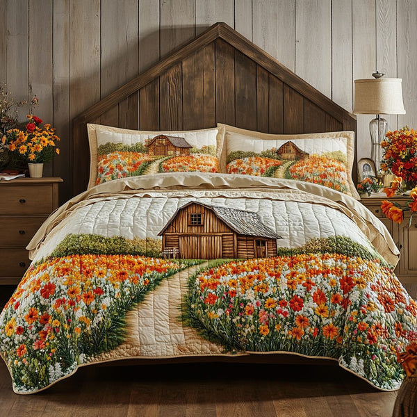 Rustic Blooms quilted 3-piece bedding set on a made bed in a farmhouse bedroom