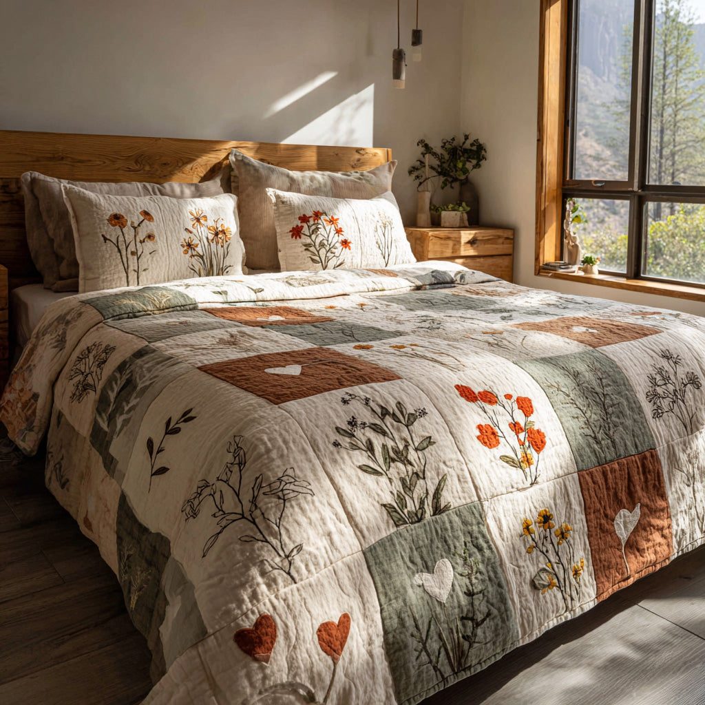Rustic Blooms quilted 3-piece bedding set on a made bed in a farmhouse bedroom