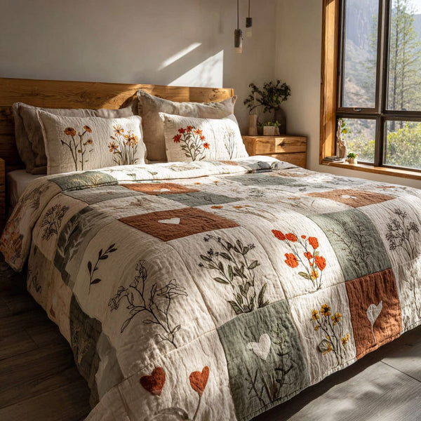 Rustic Blooms quilted 3-piece bedding set on a made bed in a farmhouse bedroom