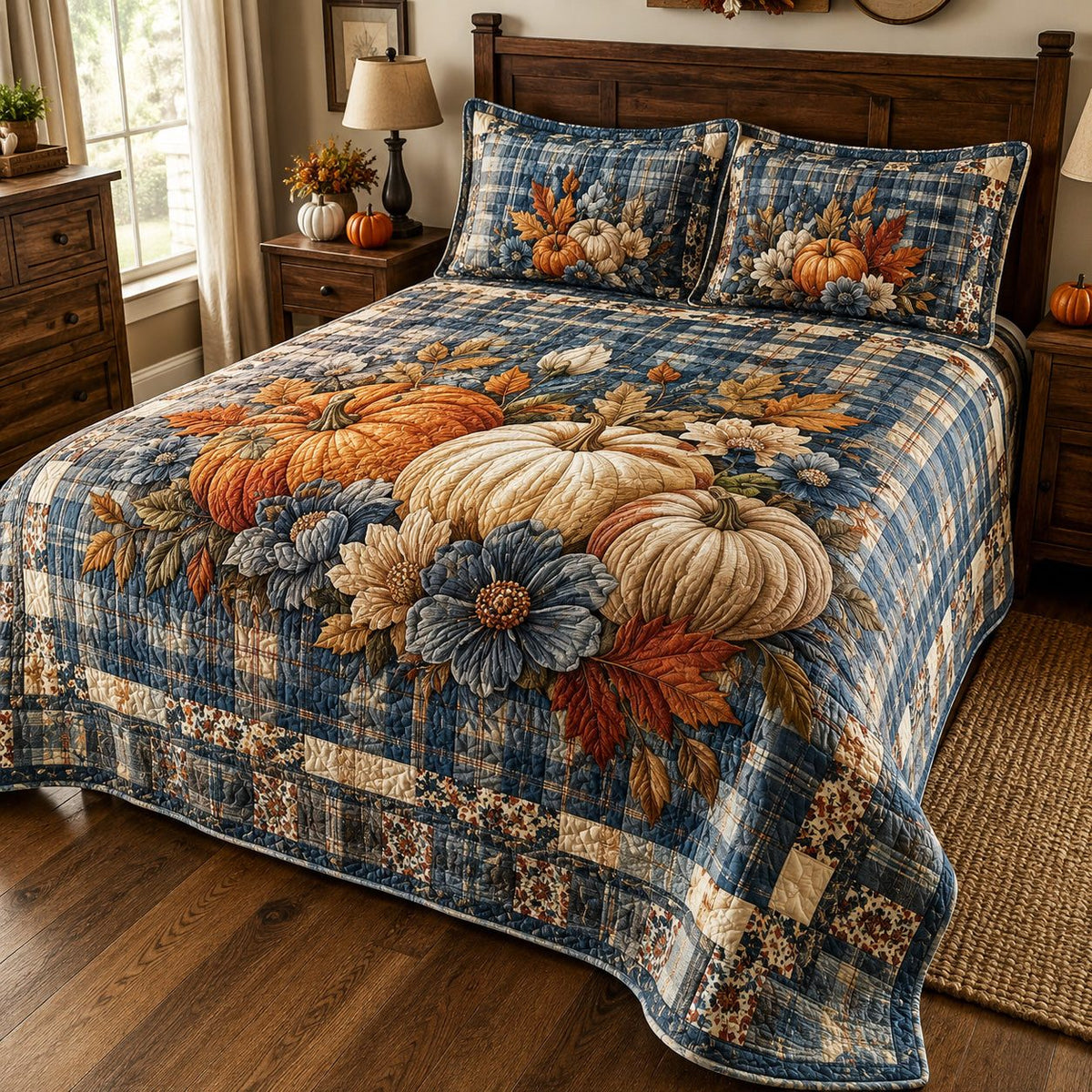 Rustic Blossom quilted 3-piece bedding set on a made bed in a farmhouse bedroom
