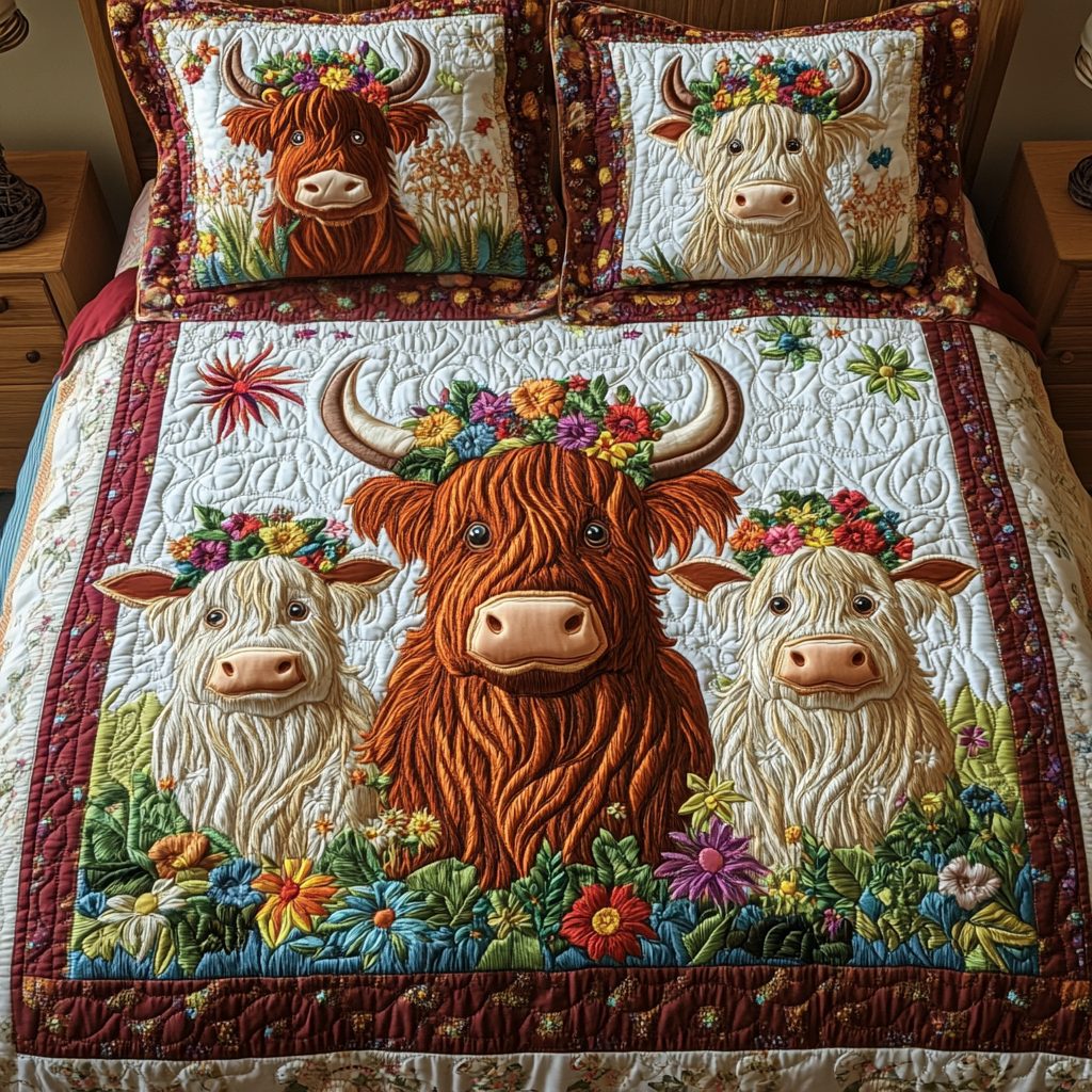 Rustic Blossom quilted 3-piece bedding set on a made bed in a farmhouse bedroom