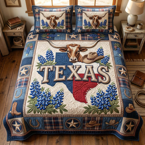 Rustic Bluebonnets quilted 3-piece bedding set on a made bed in a farmhouse bedroom