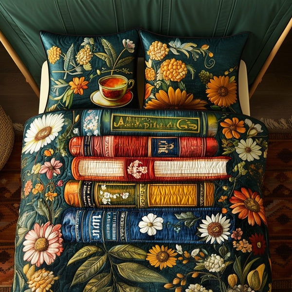 Rustic Book quilted 3-piece bedding set on a made bed in a farmhouse bedroom