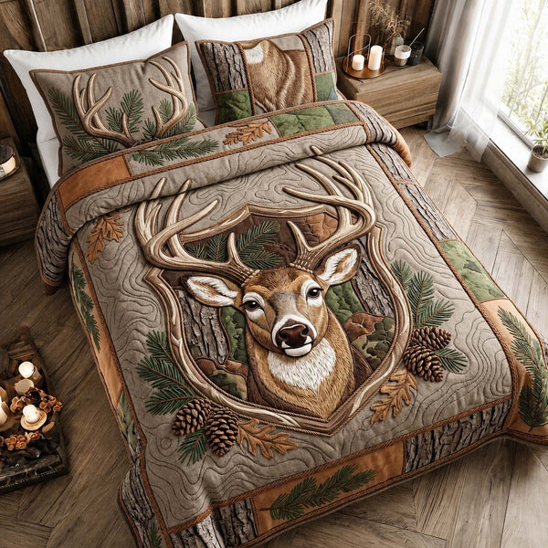 Rustic Buck quilted 3-piece bedding set on a made bed in a farmhouse bedroom