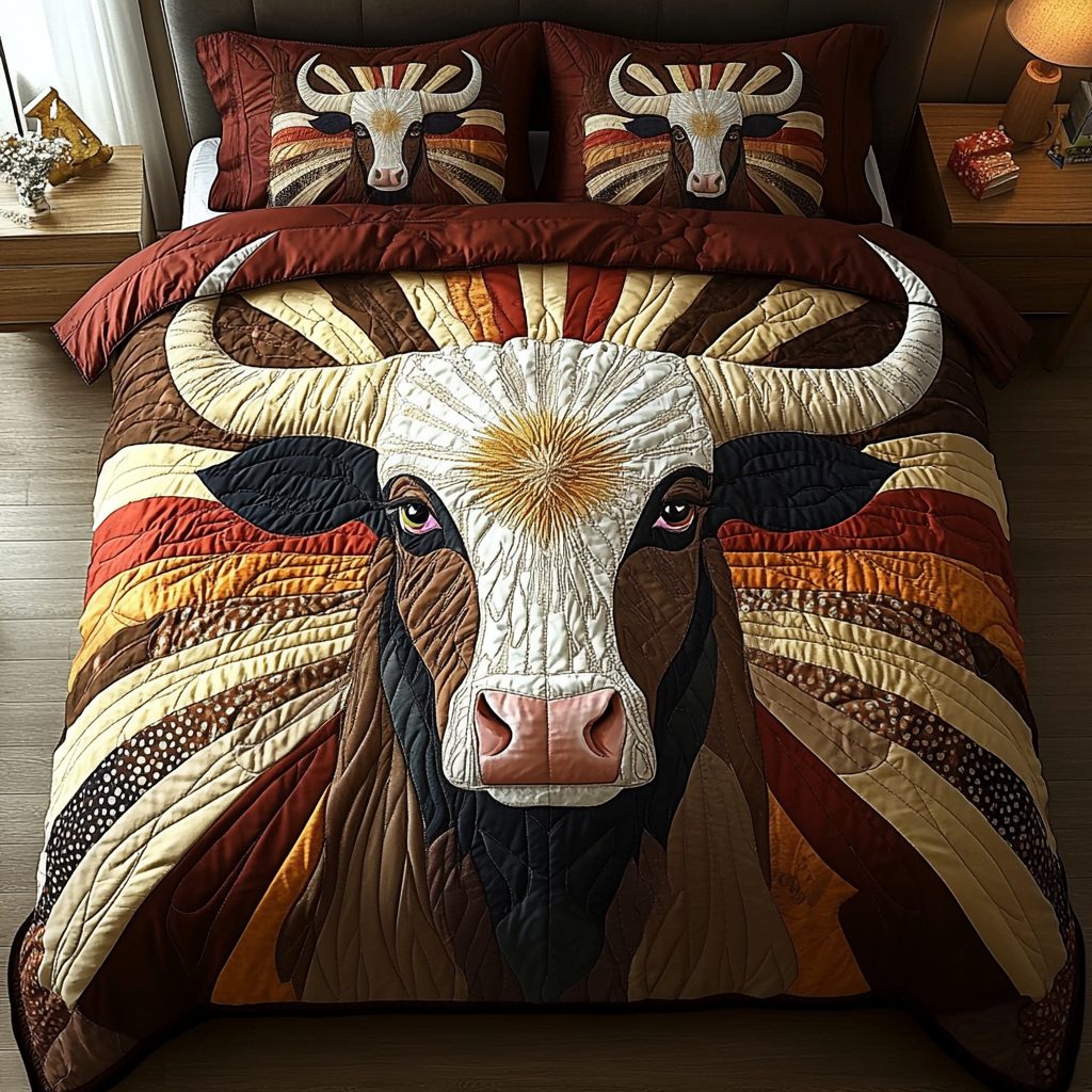 Rustic Bull quilted 3-piece bedding set on a made bed in a farmhouse bedroom