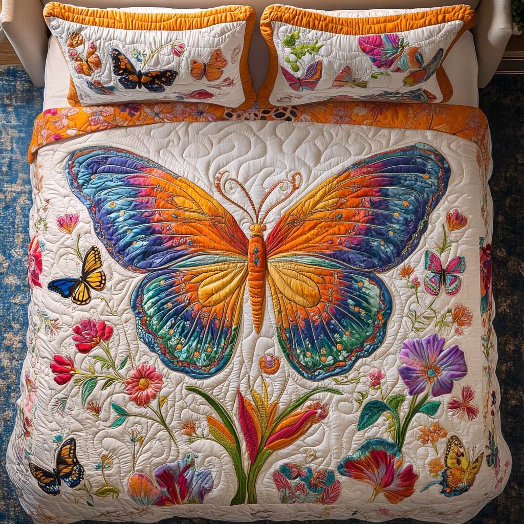 Rustic Butterfly Beauty quilted 3-piece bedding set on a made bed in a farmhouse bedroom