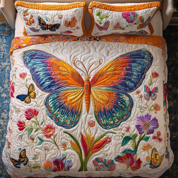 Rustic Butterfly Beauty quilted 3-piece bedding set on a made bed in a farmhouse bedroom