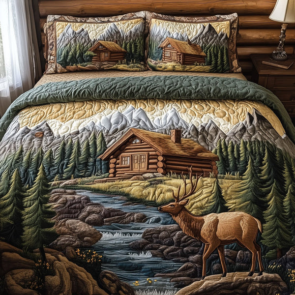 Rustic Cabin quilted 3-piece bedding set on a made bed in a farmhouse bedroom
