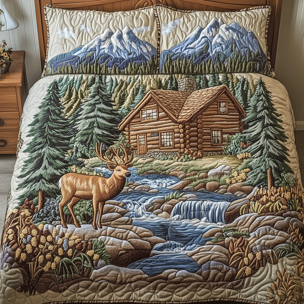 Rustic Cabin quilted 3-piece bedding set on a made bed in a farmhouse bedroom