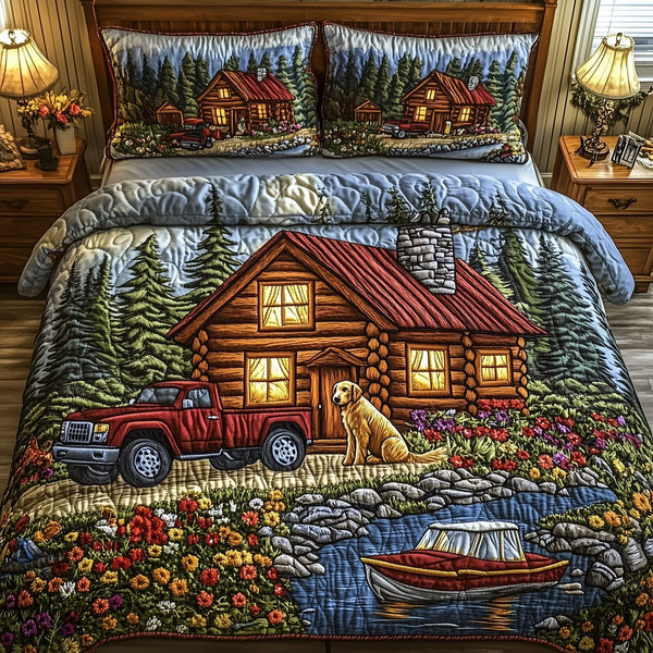Rustic Cabin quilted 3-piece bedding set on a made bed in a farmhouse bedroom