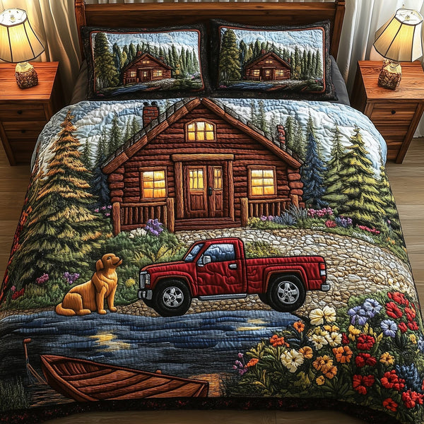 Rustic Cabin quilted 3-piece bedding set on a made bed in a farmhouse bedroom