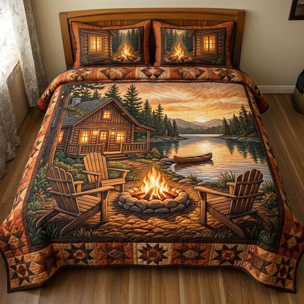 Rustic Cabin quilted 3-piece bedding set on a made bed in a farmhouse bedroom