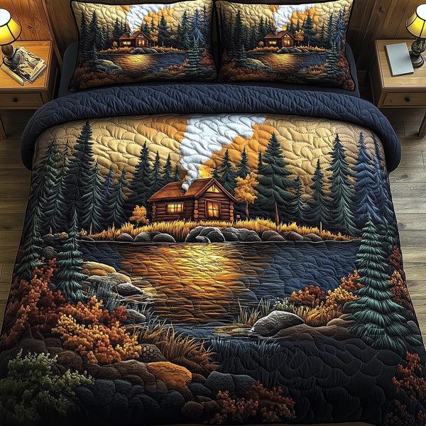 Rustic Cabin quilted 3-piece bedding set on a made bed in a farmhouse bedroom
