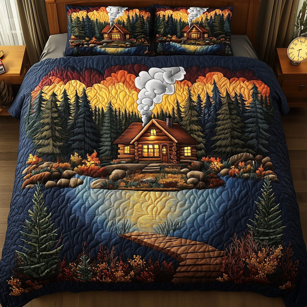 Rustic Cabin quilted 3-piece bedding set on a made bed in a farmhouse bedroom