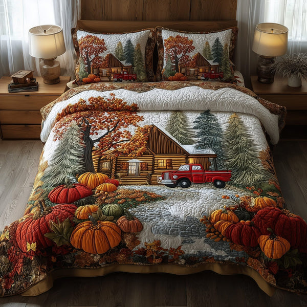 Rustic Cabin quilted 3-piece bedding set on a made bed in a farmhouse bedroom