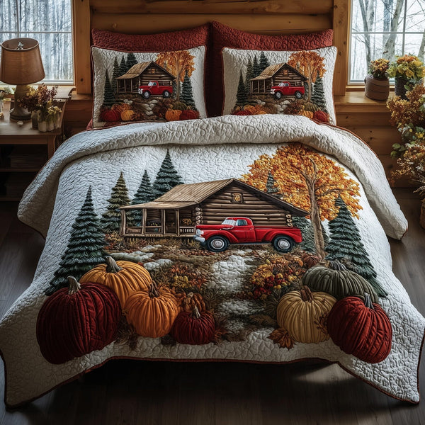 Rustic Cabin quilted 3-piece bedding set on a made bed in a farmhouse bedroom