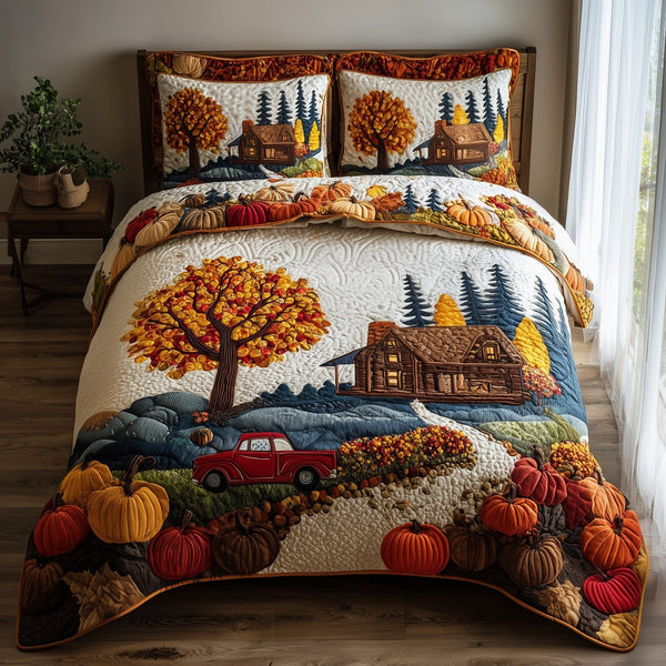 Rustic Cabin quilted 3-piece bedding set on a made bed in a farmhouse bedroom