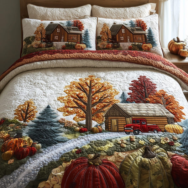 Rustic Cabin quilted 3-piece bedding set on a made bed in a farmhouse bedroom
