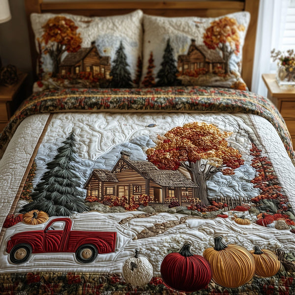 Rustic Cabin quilted 3-piece bedding set on a made bed in a farmhouse bedroom