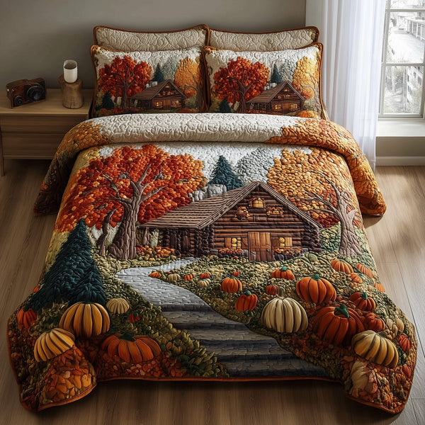 Rustic Cabin quilted 3-piece bedding set on a made bed in a farmhouse bedroom