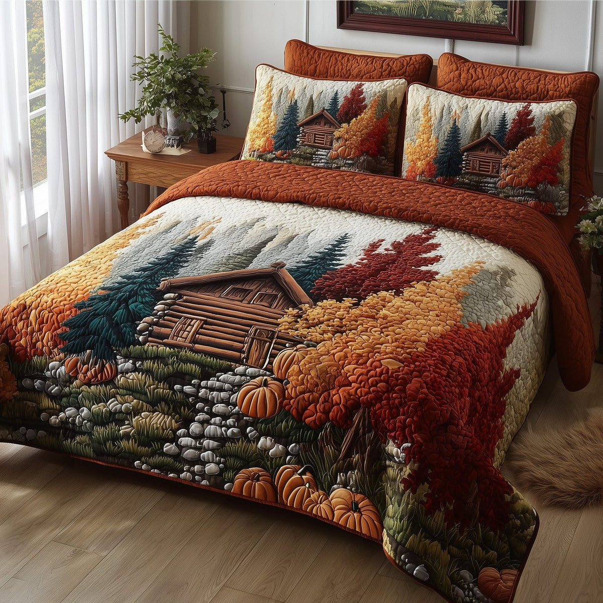 Rustic Cabin quilted 3-piece bedding set on a made bed in a farmhouse bedroom