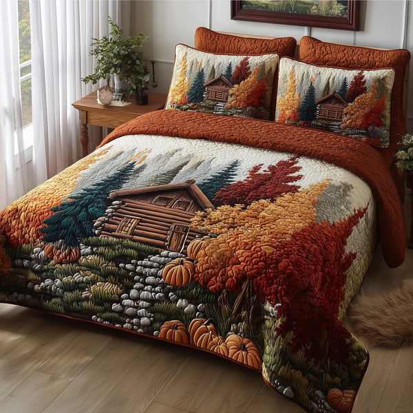 Rustic Cabin quilted 3-piece bedding set on a made bed in a farmhouse bedroom