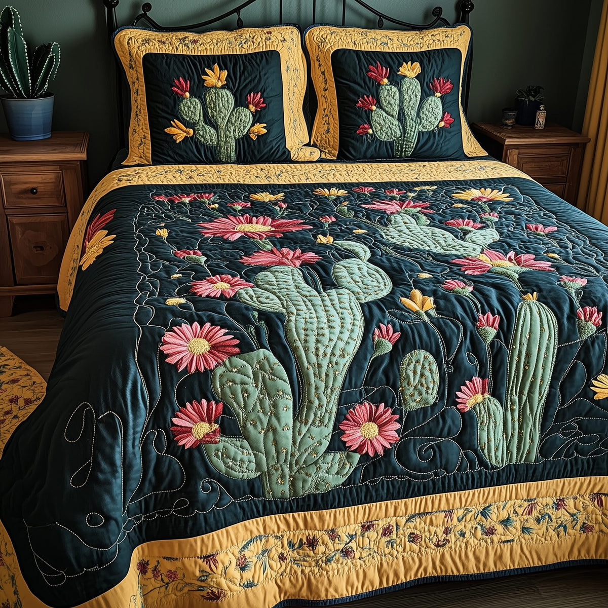Rustic Cactus quilted 3-piece bedding set on a made bed in a farmhouse bedroom