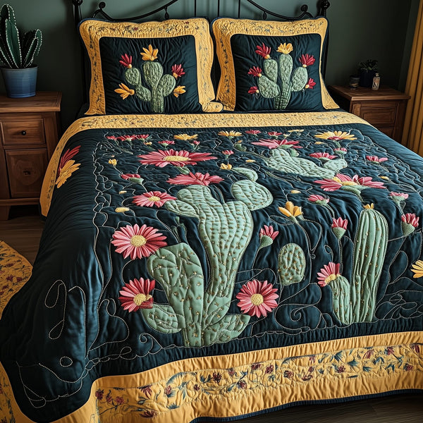 Rustic Cactus quilted 3-piece bedding set on a made bed in a farmhouse bedroom