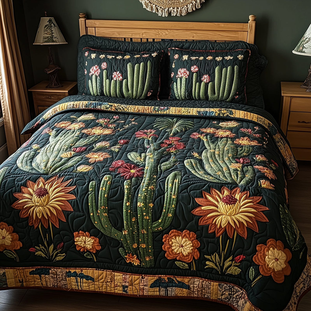 Rustic Cactus quilted 3-piece bedding set on a made bed in a farmhouse bedroom