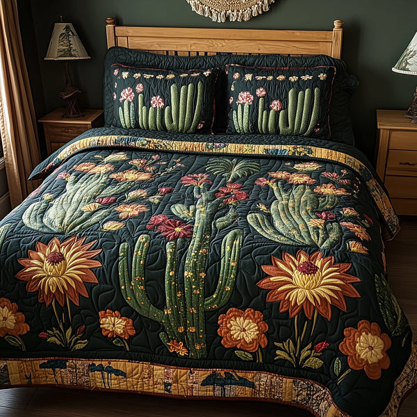 Rustic Cactus quilted 3-piece bedding set on a made bed in a farmhouse bedroom