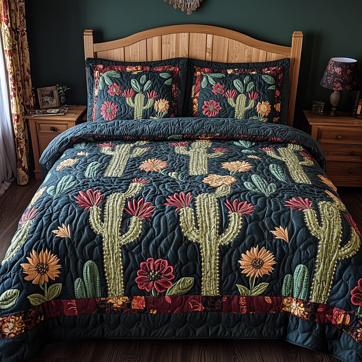 Rustic Cactus quilted 3-piece bedding set on a made bed in a farmhouse bedroom